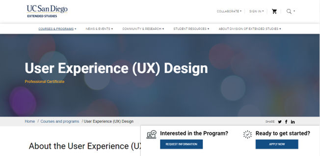 Screenshot of UC San Diego User Experience (UX) Design Certificate program.